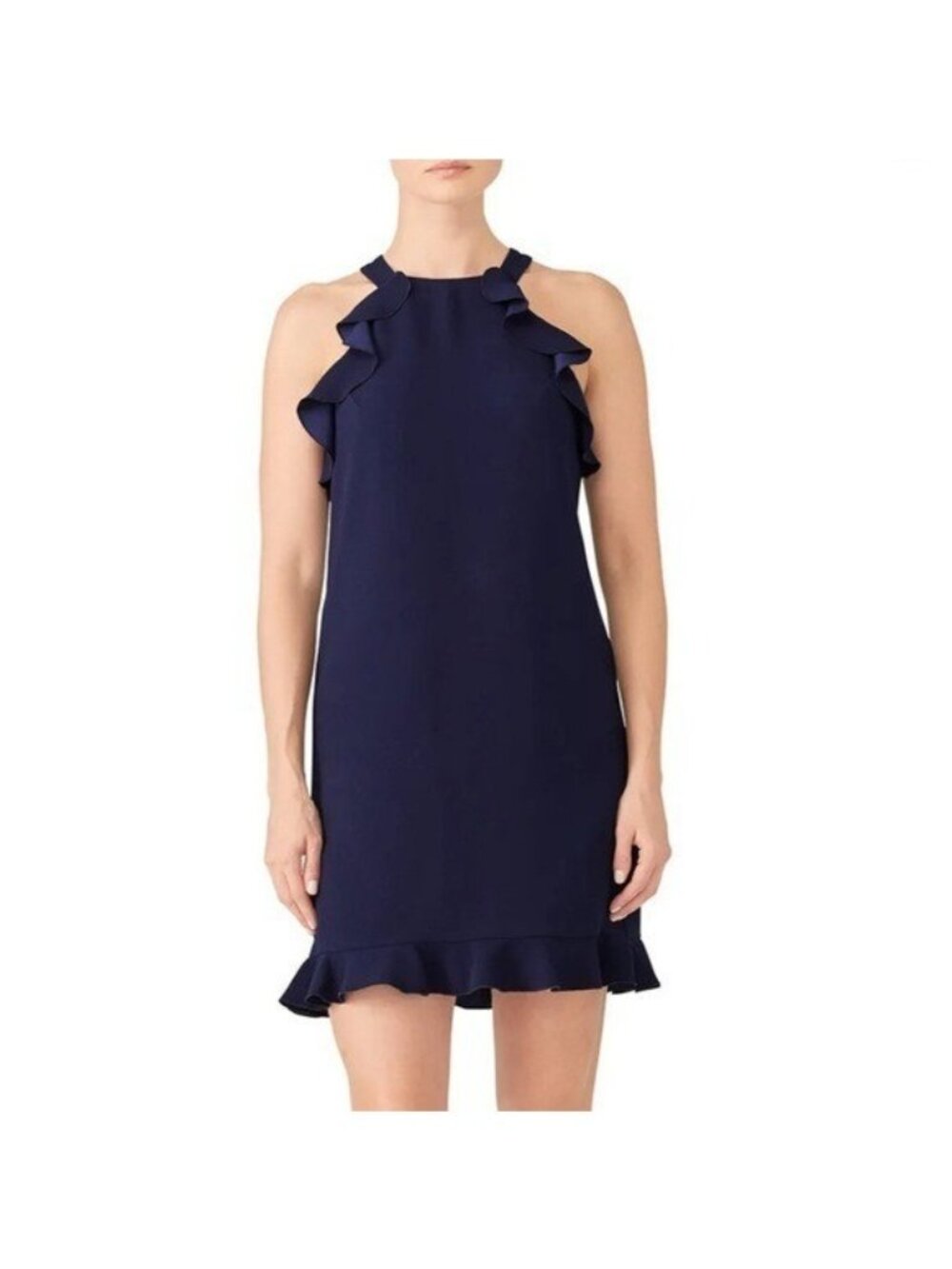 Trina Turk Womens Size 0 Ruffle Myers Ruffled Trim Dress Mini Navy Blue - Picture 1 of 7